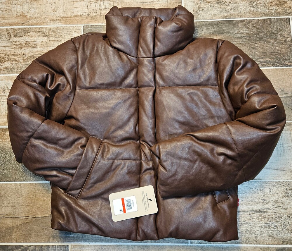 NWT Levi's Faux Leather Quilted Puffer Jacket Brown Matte Size XS Extra Small